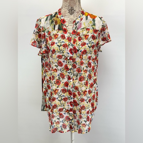 FIGUEROA & FLOWER Red and yellow sheer floral print top size PXL - Picture 8 of 13